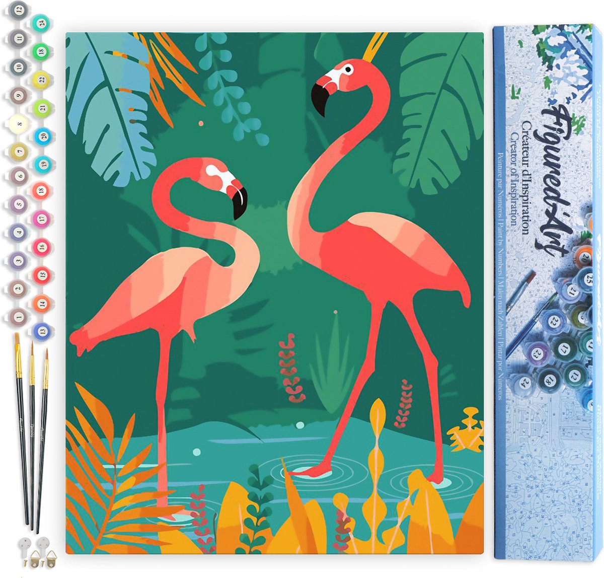 FiguredArt Schilderen op Nummer Volwassenen canvas Flamingos in het water- Handwerk acrylverf Kit DIY Compleet - 40x50cm zonder frame